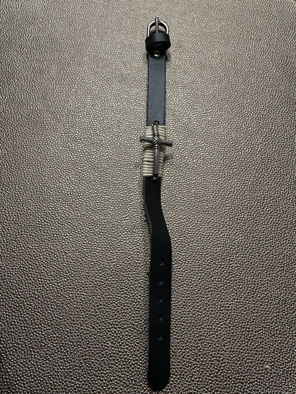 Black Leather Bracelet with Silver Wire Cross Accent
